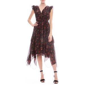 Ulla Johnson BEAUTIFUL Ciel Floral Silk Midi Dress Black Red XS Retails $750